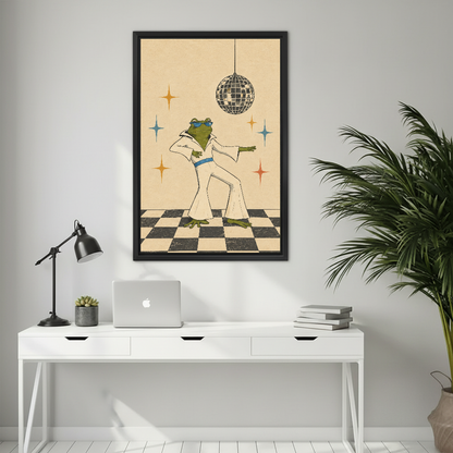 Retro dancing frog canvas wall art framed above a white desk with a laptop and black lamp.