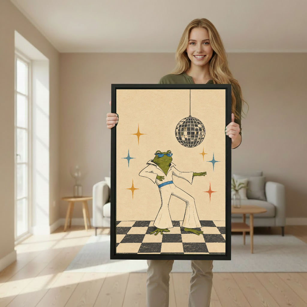 Retro dancing frog canvas wall art framed as a woman holds the artwork in a softly lit room.