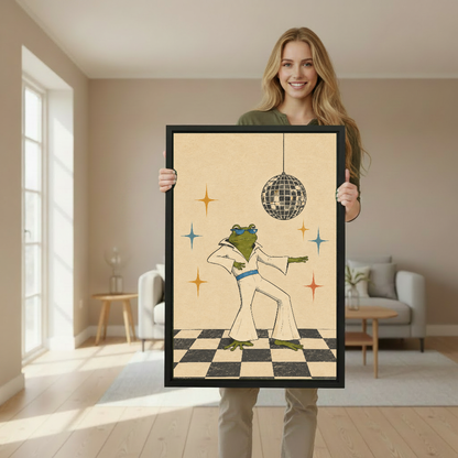 Retro dancing frog canvas wall art framed as a woman holds the artwork in a softly lit room.