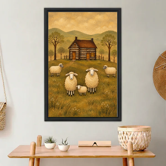 Cozy Cabin Sheep Canvas Wall Art L6044 — Framed canvas; warm neutral living space