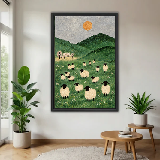 Green Hills Sheep Canvas Wall Art L6046 — Framed canvas; natural light living space with plants