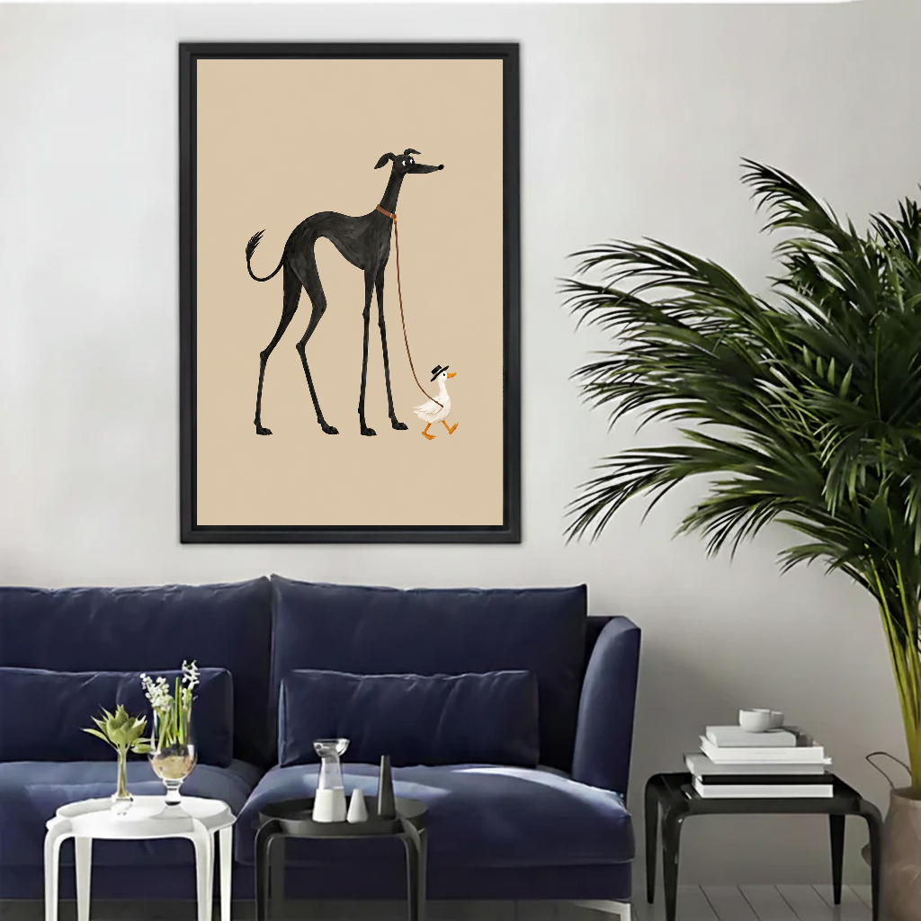 Minimalist greyhound duck canvas wall art framed above a navy sofa beside a tall indoor palm.