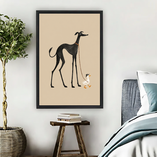 Minimalist Greyhound Duck Canvas Wall Art L6047 — Framed canvas; bright neutral living space