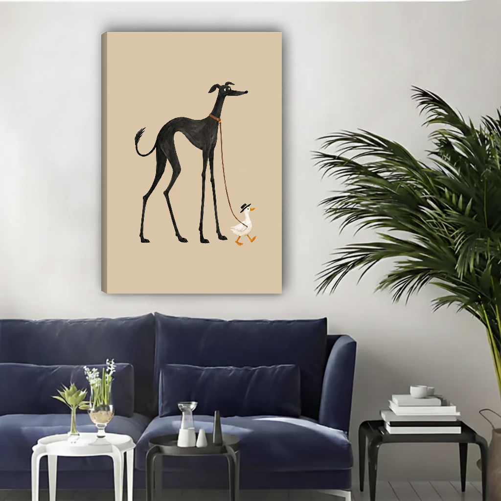 Minimalist greyhound duck canvas wall art unframed above a navy sofa in a bright living room.