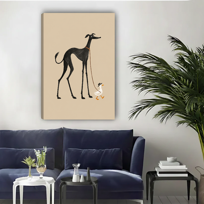 Minimalist greyhound duck canvas wall art unframed above a navy sofa in a bright living room.