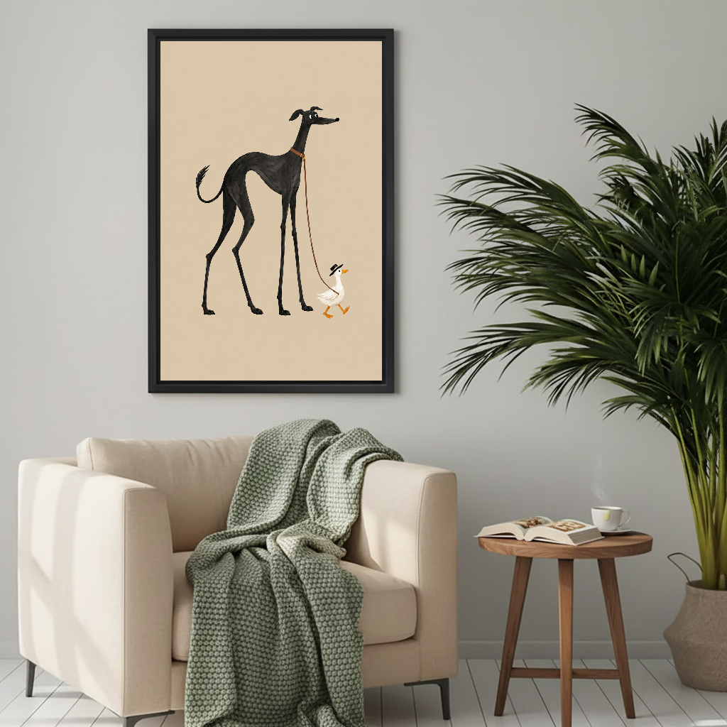 Minimalist greyhound duck canvas wall art framed above a cream armchair with a green knitted blanket.