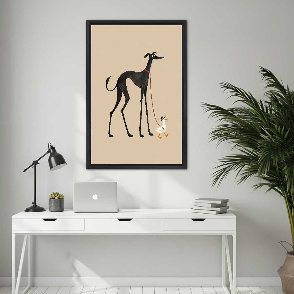Minimalist greyhound duck canvas wall art framed above a white desk with a laptop and black lamp.