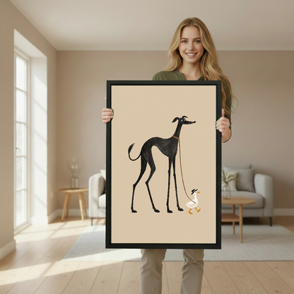 Minimalist greyhound duck canvas wall art framed as a woman holds the artwork in a softly lit room.