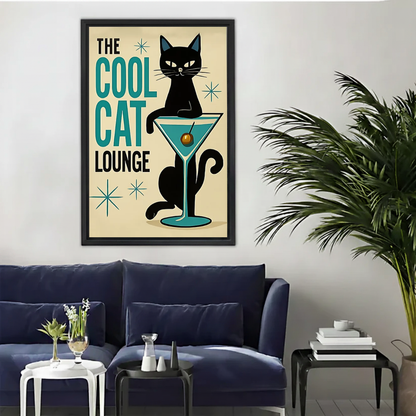 Cool cat lounge canvas wall art framed above a navy sofa beside a tall indoor palm.