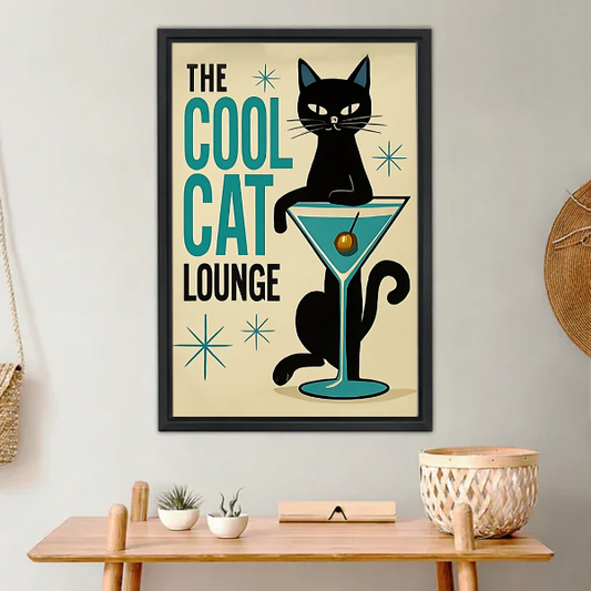 Cool Cat Lounge Canvas Wall Art L6048 — Framed canvas; warm neutral living space