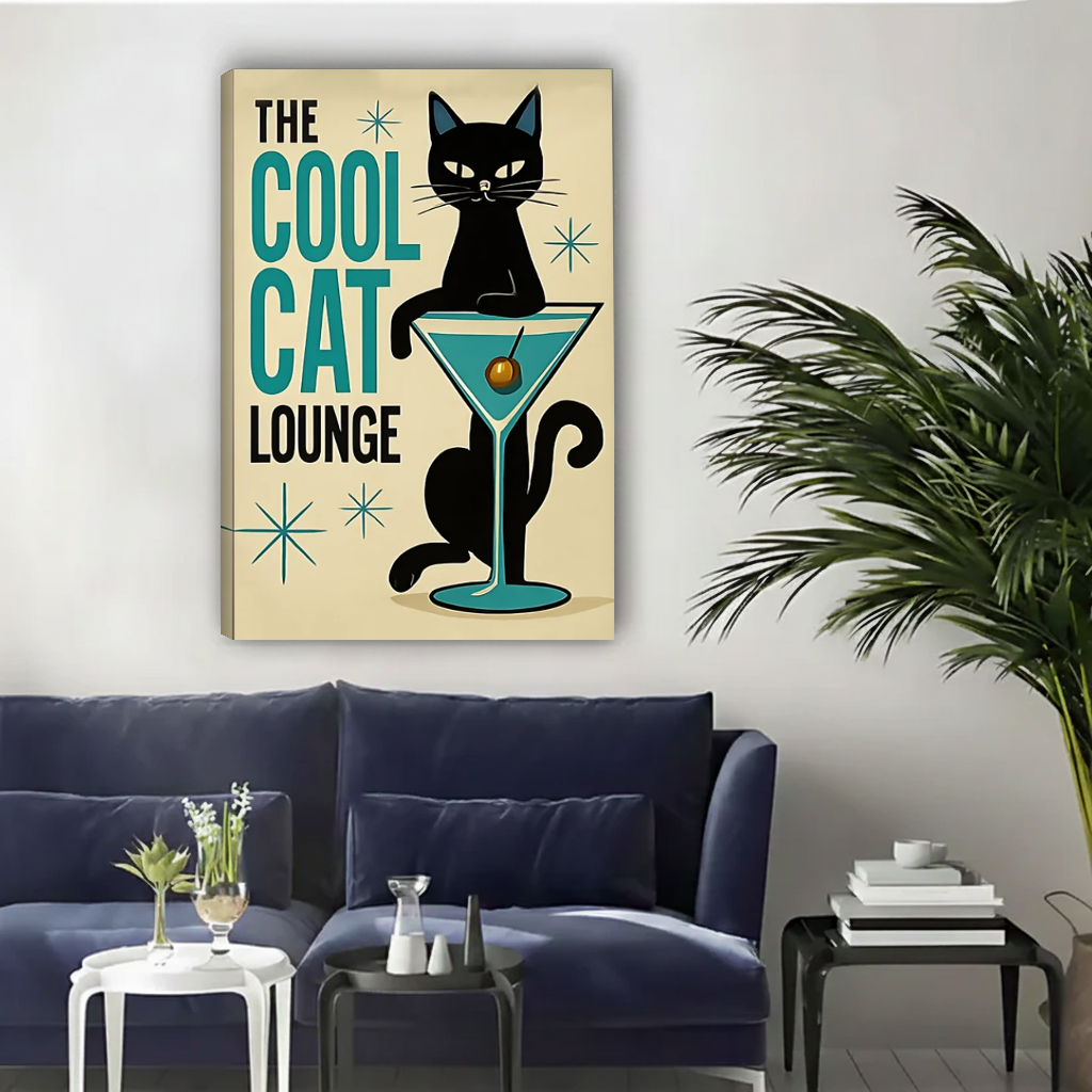 Cool cat lounge canvas wall art unframed above a navy sofa in a bright living room.