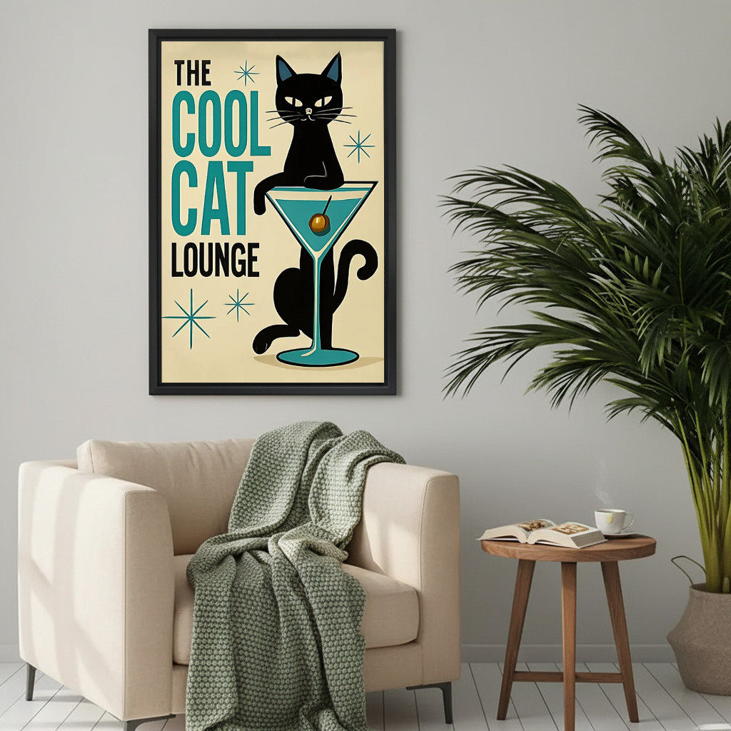 Cool cat lounge canvas wall art framed above a cream armchair with a green knitted blanket.