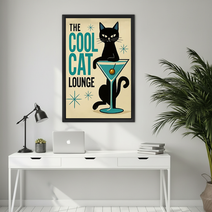 Cool cat lounge canvas wall art framed above a white desk with a laptop and black lamp.