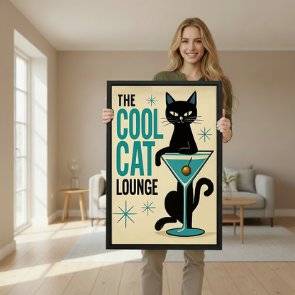 Cool cat lounge canvas wall art framed as a woman holds the artwork in a softly lit room.