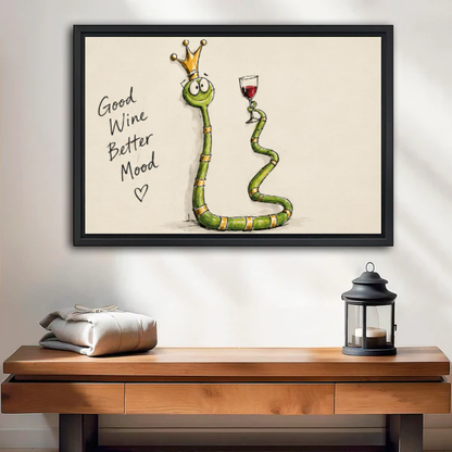 Good wine snake canvas wall art framed above a wooden console beside a lantern and folded blanket.