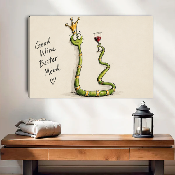 Good wine snake canvas wall art unframed above a wooden console in a bright neutral room.