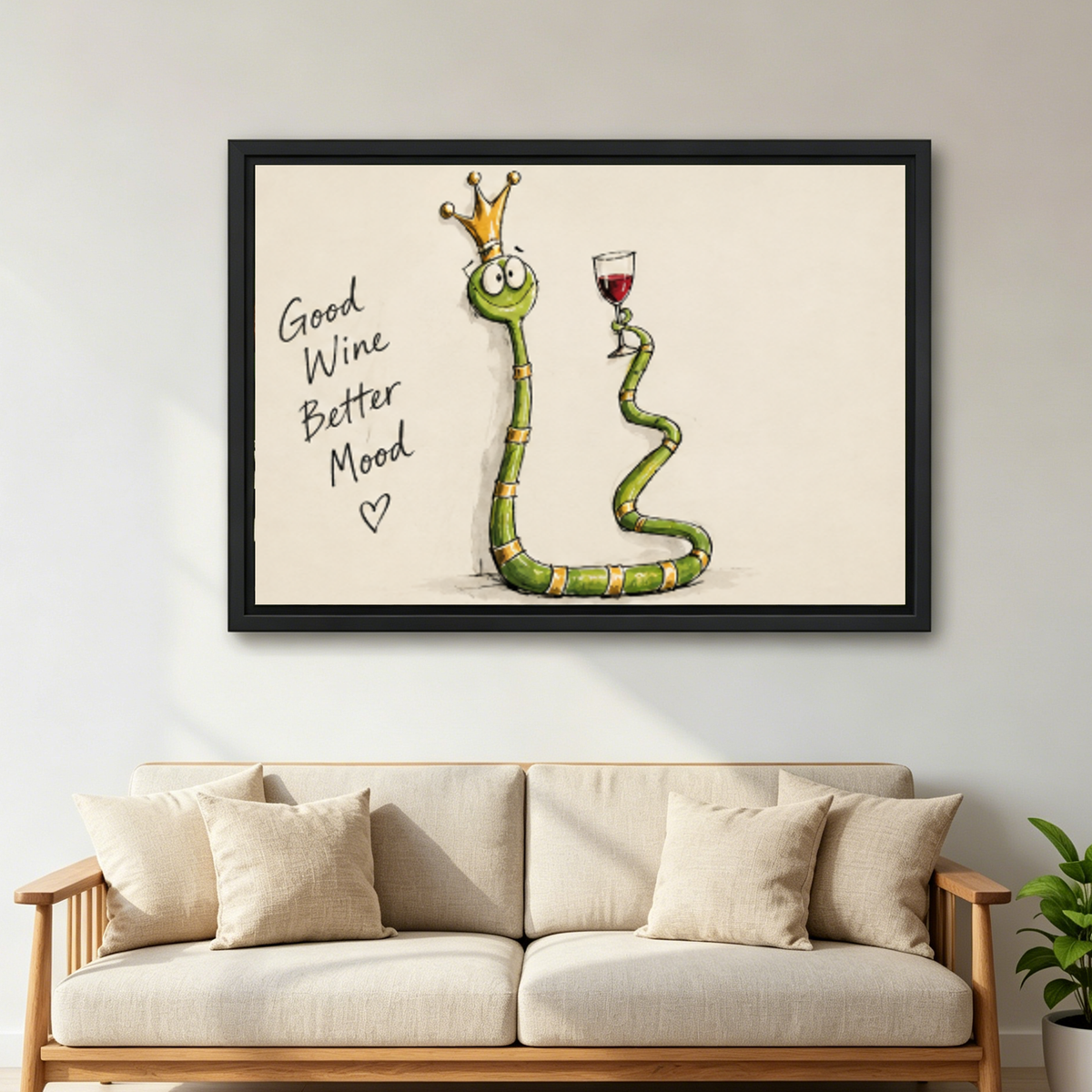 Good wine snake canvas wall art framed above a cream sofa with cushions in a neutral living room.