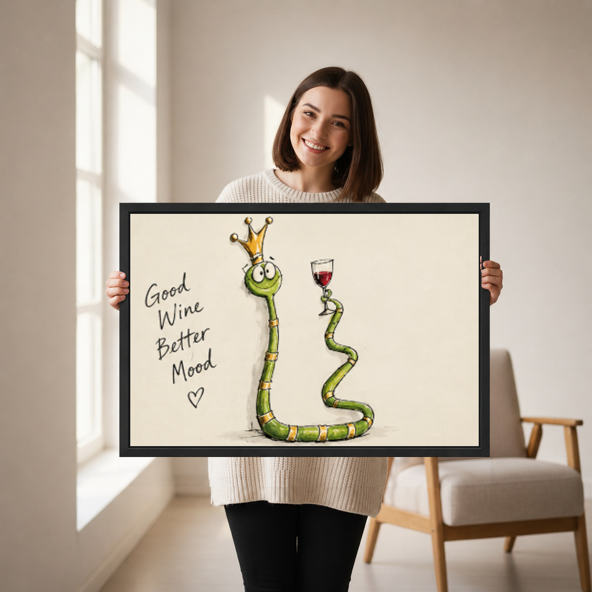 Good wine snake canvas wall art framed as a woman holds the artwork near a cream armchair.