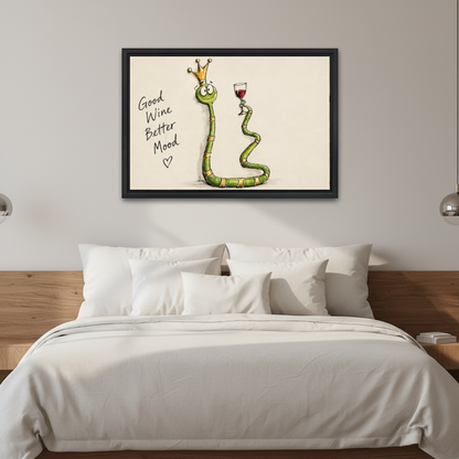 Good wine snake canvas wall art framed above a white bed with a wooden headboard and pillows.