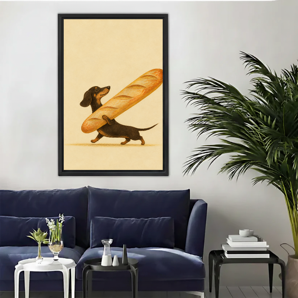 Whimsical dachshund baguette canvas wall art framed above a navy sofa beside a tall indoor palm.
