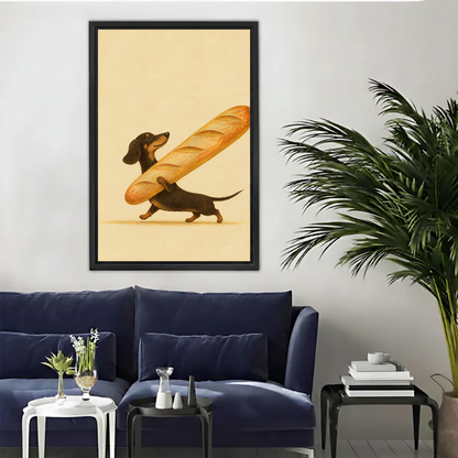 Whimsical dachshund baguette canvas wall art framed above a navy sofa beside a tall indoor palm.