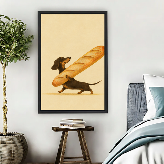 Whimsical Dachshund Baguette Canvas Wall Art L6053 — Framed canvas; bright neutral living space