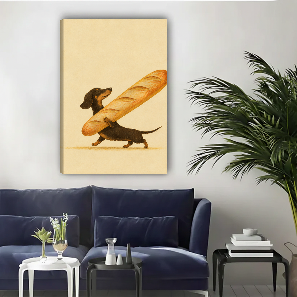 Whimsical dachshund baguette canvas wall art unframed above a navy sofa in a bright living room.