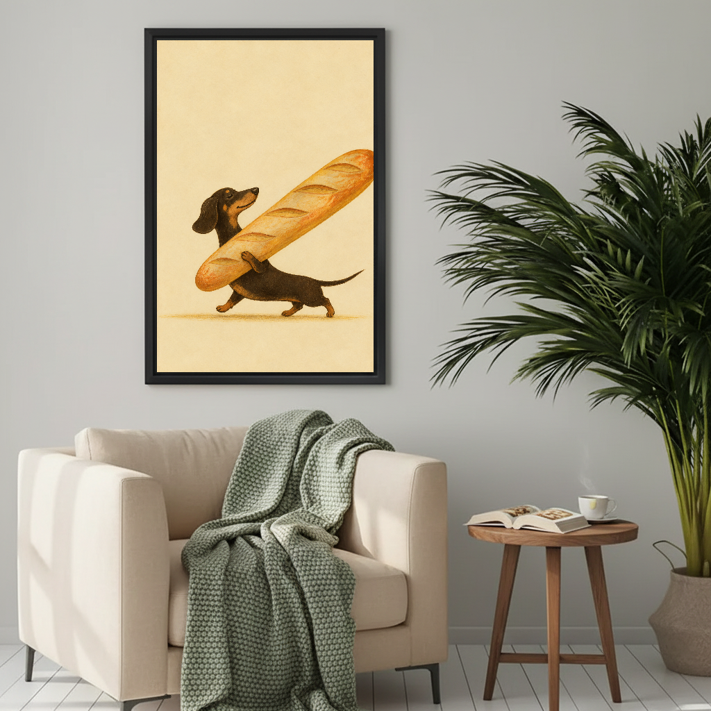 Whimsical dachshund baguette canvas wall art framed above a cream armchair with a green knitted blanket.