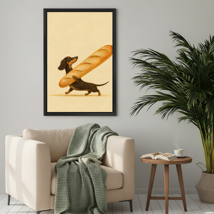 Whimsical dachshund baguette canvas wall art framed above a cream armchair with a green knitted blanket.