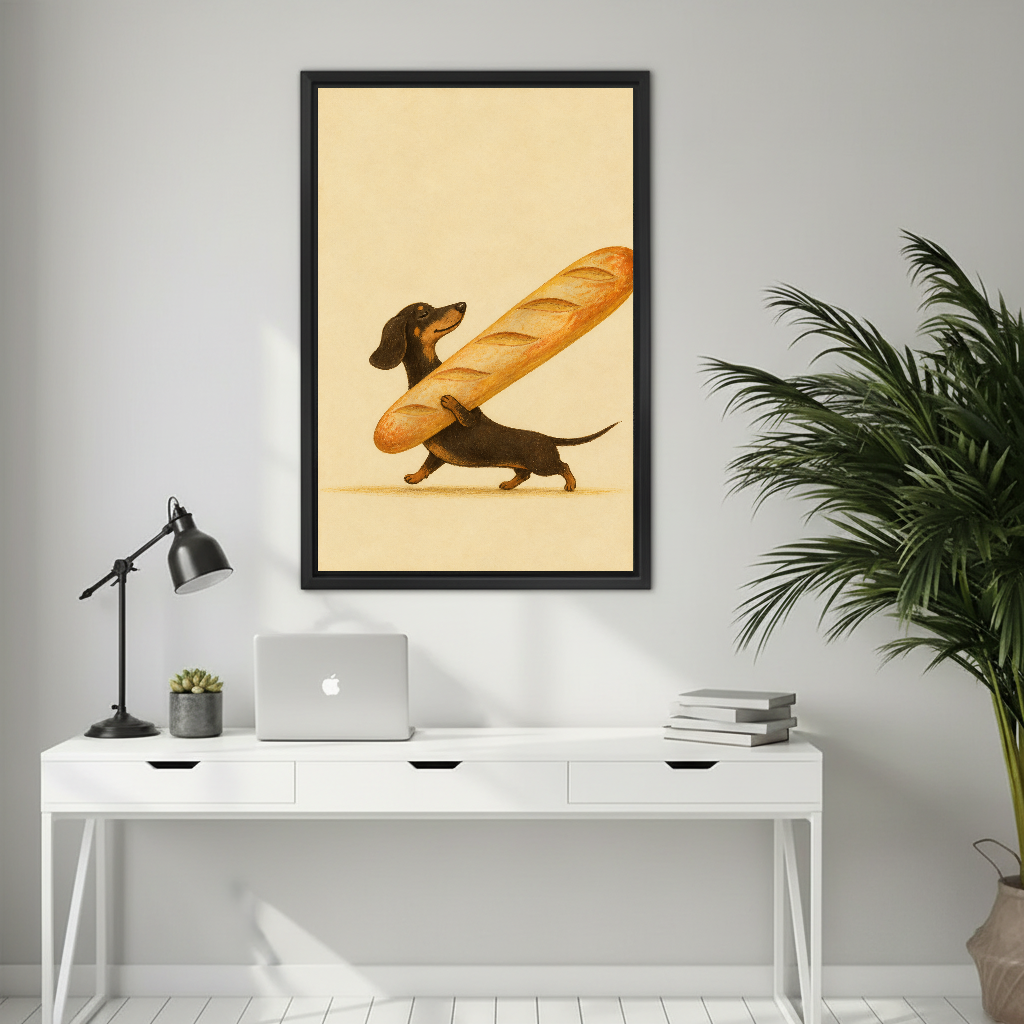 Whimsical dachshund baguette canvas wall art framed above a white desk with a laptop and black lamp.