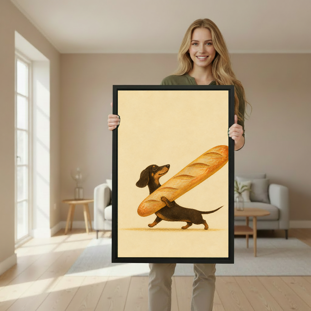 Whimsical dachshund baguette canvas wall art framed as a woman holds the artwork in a softly lit room.