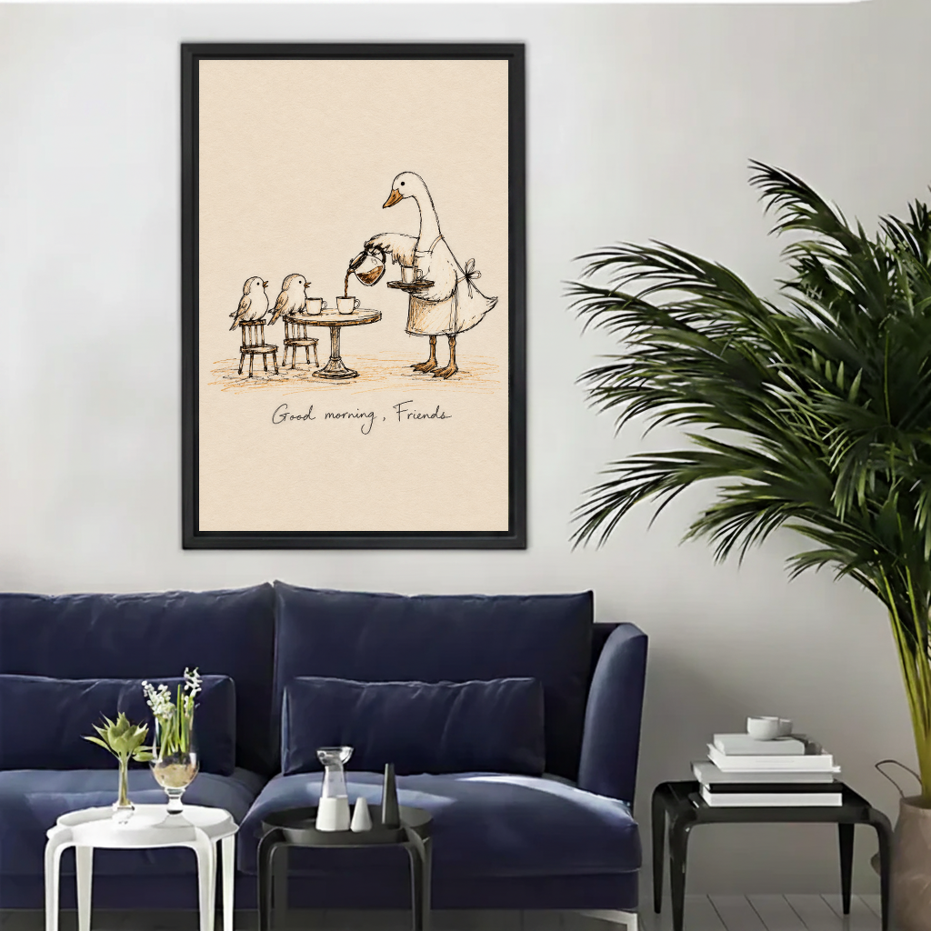 Whimsical goose breakfast canvas wall art framed above a navy sofa beside a tall indoor palm.
