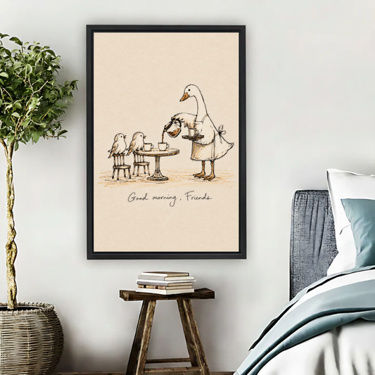 Whimsical Goose Breakfast Canvas Wall Art L6054 — Framed canvas; bright neutral living space