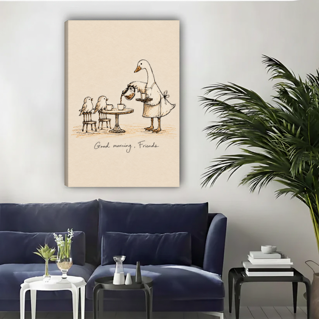 Whimsical goose breakfast canvas wall art unframed above a navy sofa in a bright living room.