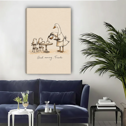 Whimsical goose breakfast canvas wall art unframed above a navy sofa in a bright living room.