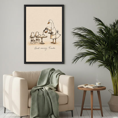 Whimsical goose breakfast canvas wall art framed above a cream armchair with a green knitted blanket.