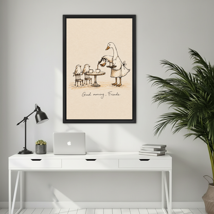 Whimsical goose breakfast canvas wall art framed above a white desk with a laptop and black lamp.