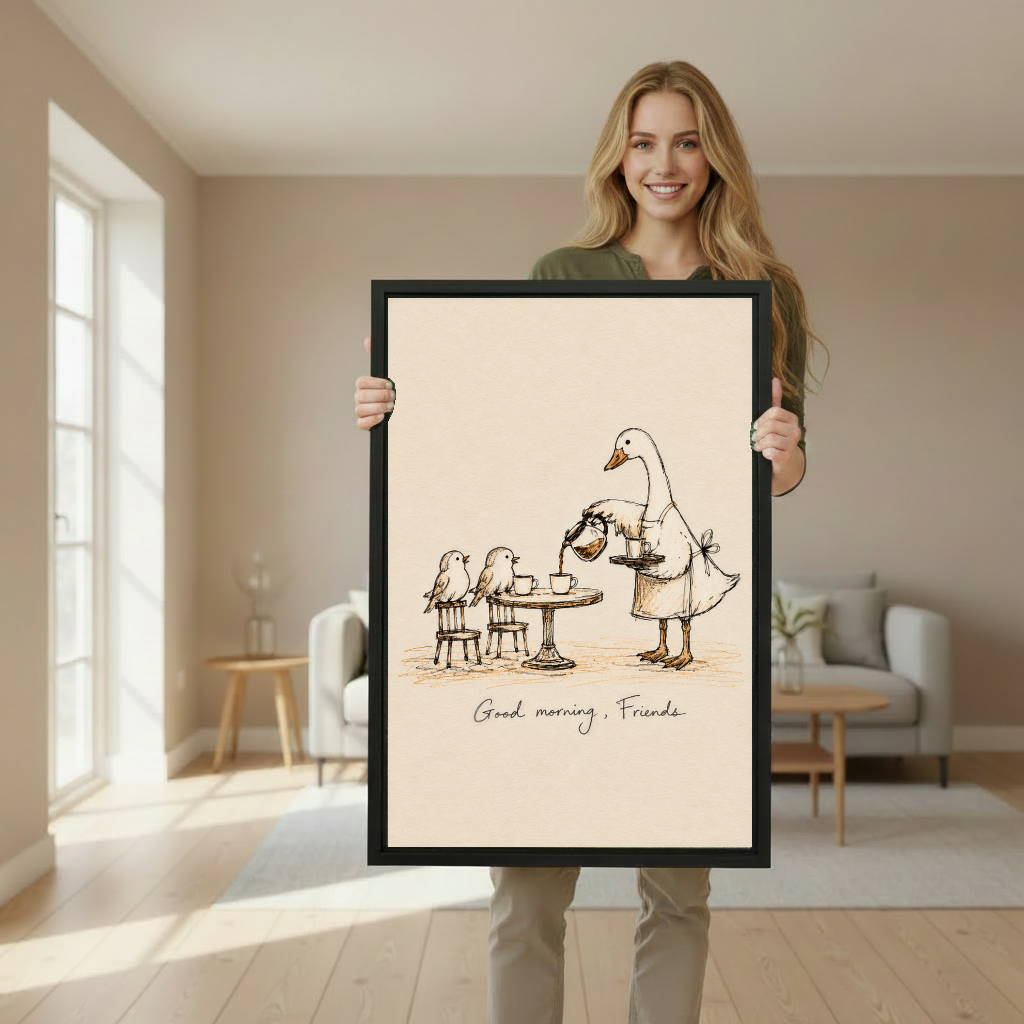 Whimsical goose breakfast canvas wall art framed as a woman holds the artwork in a softly lit room.