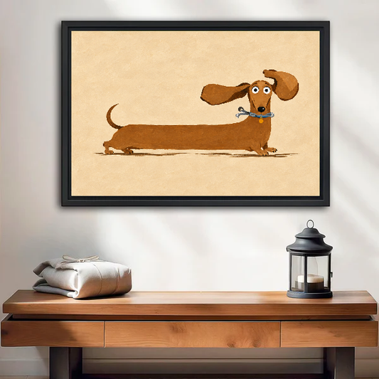 Funny wrench dachshund canvas wall art framed above a wooden console beside a lantern and folded blanket.
