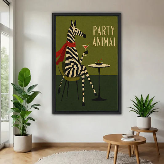 Retro Party Zebra Canvas Wall Art L6056 — Framed canvas; natural light living space with plants