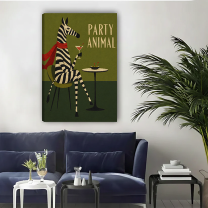 Retro party zebra canvas wall art unframed above a navy sofa in a bright living room.