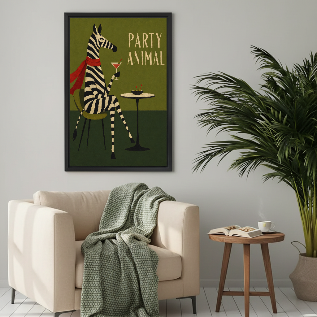 Retro party zebra canvas wall art framed above a cream armchair with a green knitted blanket.