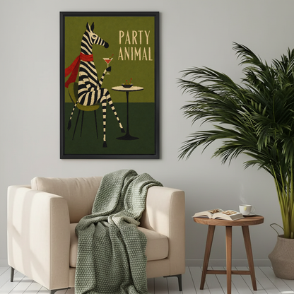 Retro party zebra canvas wall art framed above a cream armchair with a green knitted blanket.