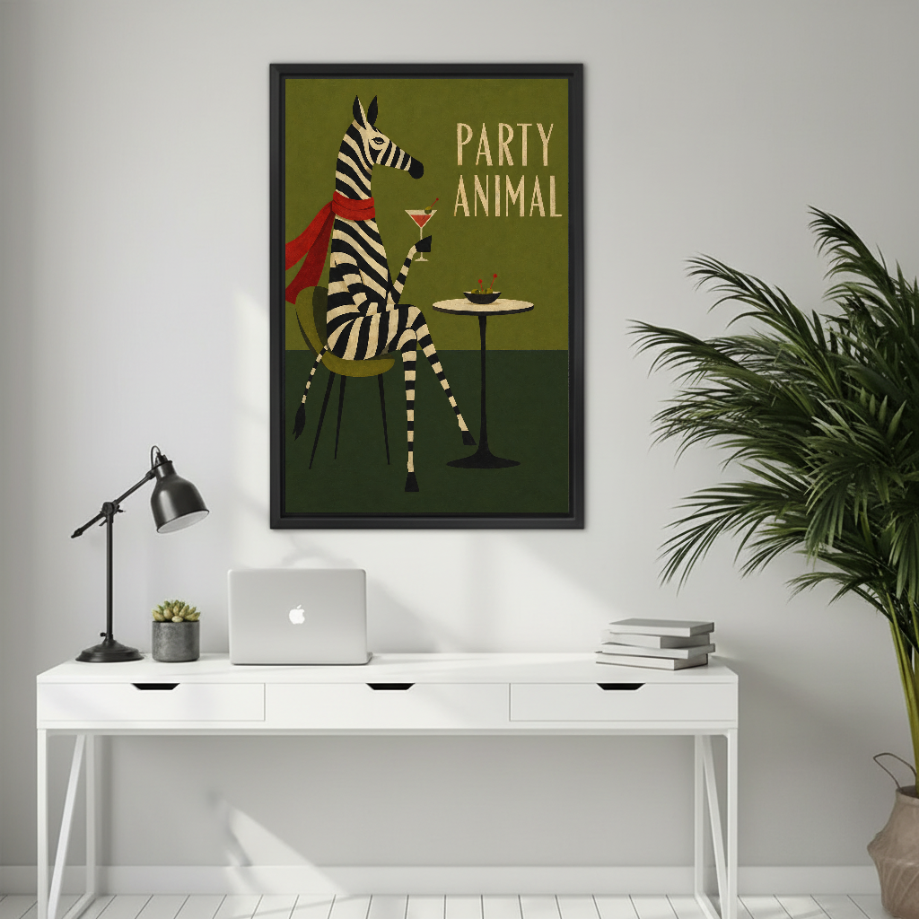 Retro party zebra canvas wall art framed above a white desk with a laptop and black lamp.
