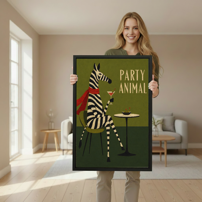 Retro party zebra canvas wall art framed as a woman holds the artwork in a softly lit room.