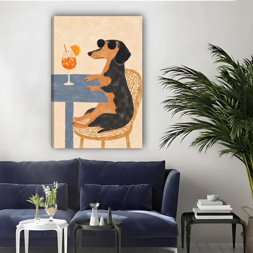 Funny sunglasses dachshund canvas wall art unframed above a navy sofa in a bright living room.