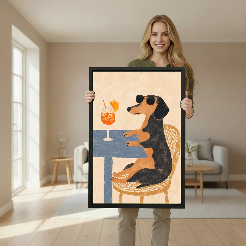Funny sunglasses dachshund canvas wall art framed as a woman holds the artwork in a softly lit room.