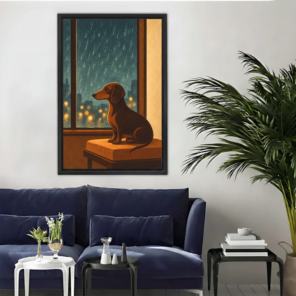 Cozy rainy window dachshund canvas wall art framed above a navy sofa beside a tall indoor palm.