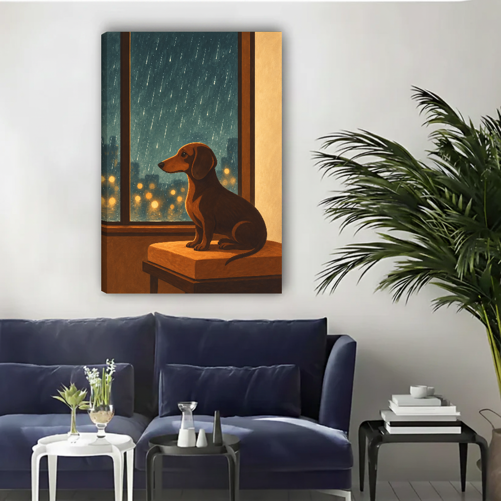 Cozy rainy window dachshund canvas wall art unframed above a navy sofa in a bright living room.