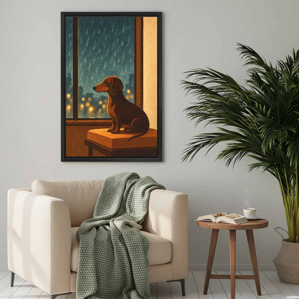 Cozy rainy window dachshund canvas wall art framed above a cream armchair with a green knitted blanket.